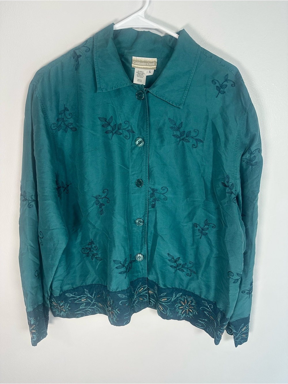 Beautiful Coldwater Creek Teal Silk Embroidered Button-Up Shirt size Large - Picture 1 of 8